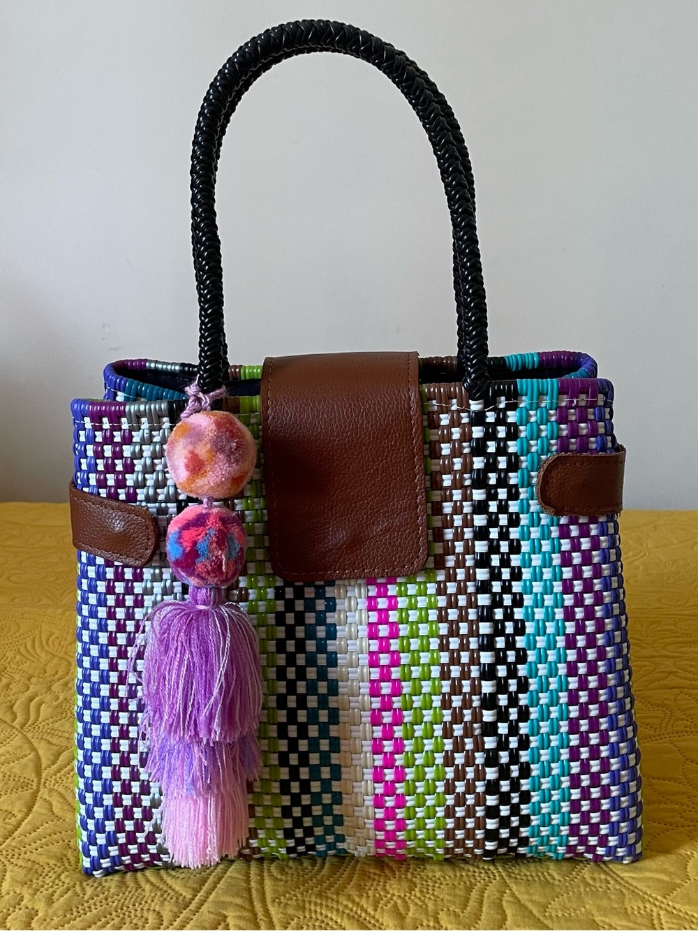 Multicolor Woven Tote with Purple Tassel Charm